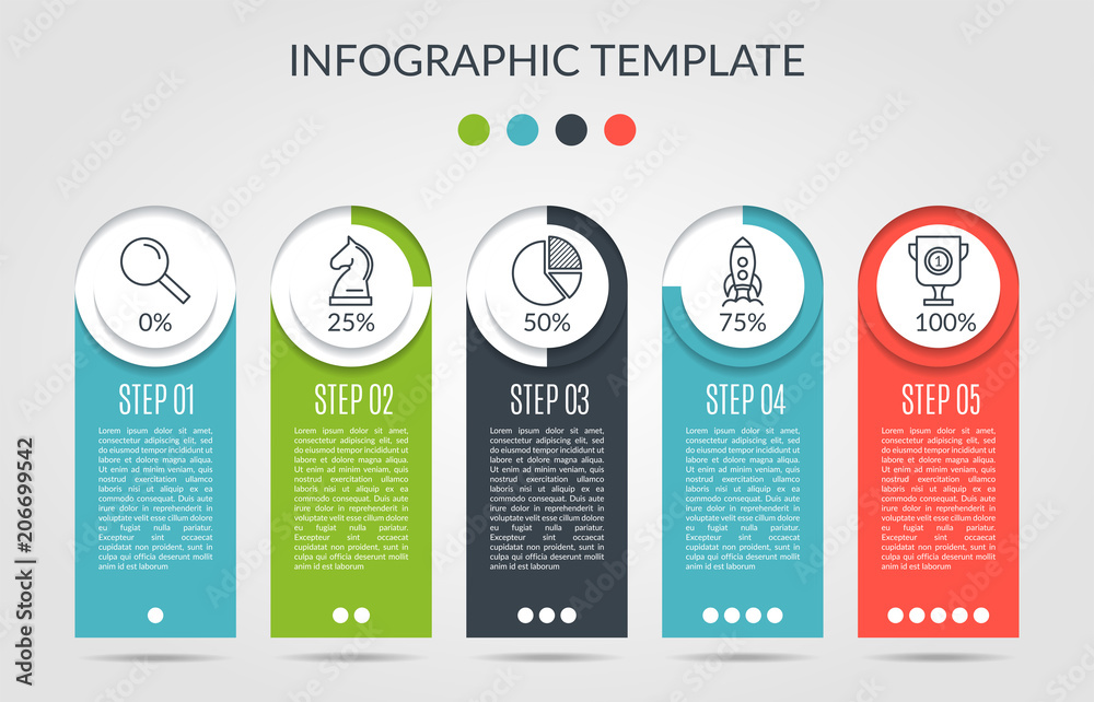 Chart template in modern style. For infographic and presentation. Percentage infographic template five process. Vector illustration