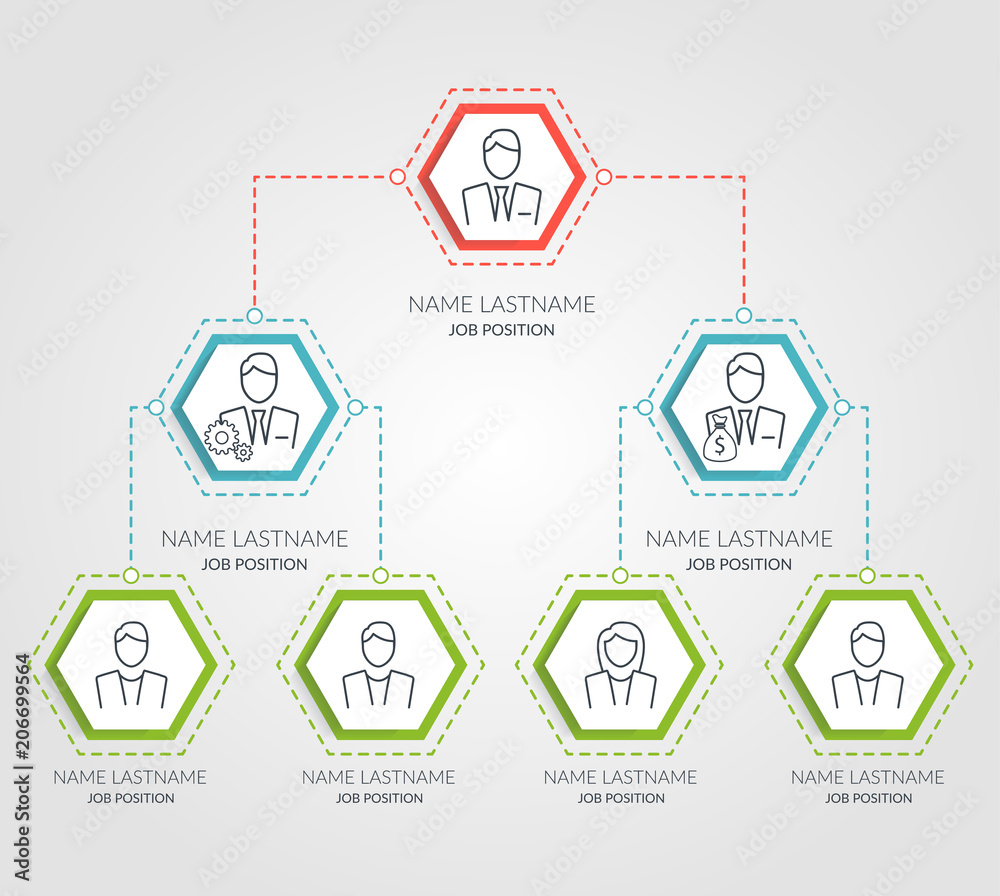 Business hierarchy hexagon chart infographics. Corporate organizational