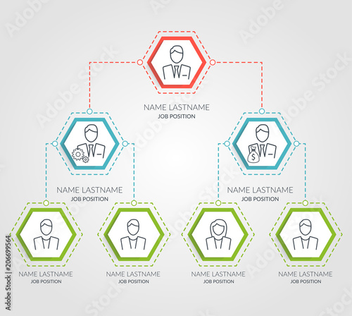 Business hierarchy hexagon chart infographics. Corporate organizational structure graphic elements. Company organization branches template. Tree diagram
