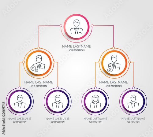 Business hierarchy circle chart infographics. Corporate organizational structure graphic elements. Company organization branches template. Tree diagram
