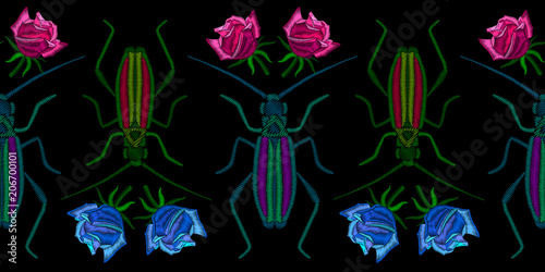  Seamless pattern with embroidery beetles and roses. Vector pattern for printing on fabric, clothes, hem of dress, t-shirt. 