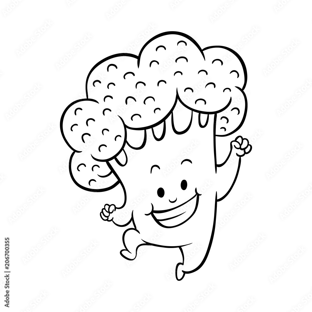 Cheerful broccoli character dancing, jumping and having fun. Funny green vegetable cute healthy organic food full of vitamins. Cartoon smiling plant with arms, legs. Vector monochrome illustration Cheerful broccoli character dancing, jumping and having fun. Funny green vegetable cute healthy organic food full of vitamins. Cartoon smiling plant with arms, legs. Vector monochrome illustration