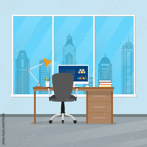 Office desk or table with chair, computer, lamp and pencil stand. Business interior design. Workplace in flat style. Vector illustration. 