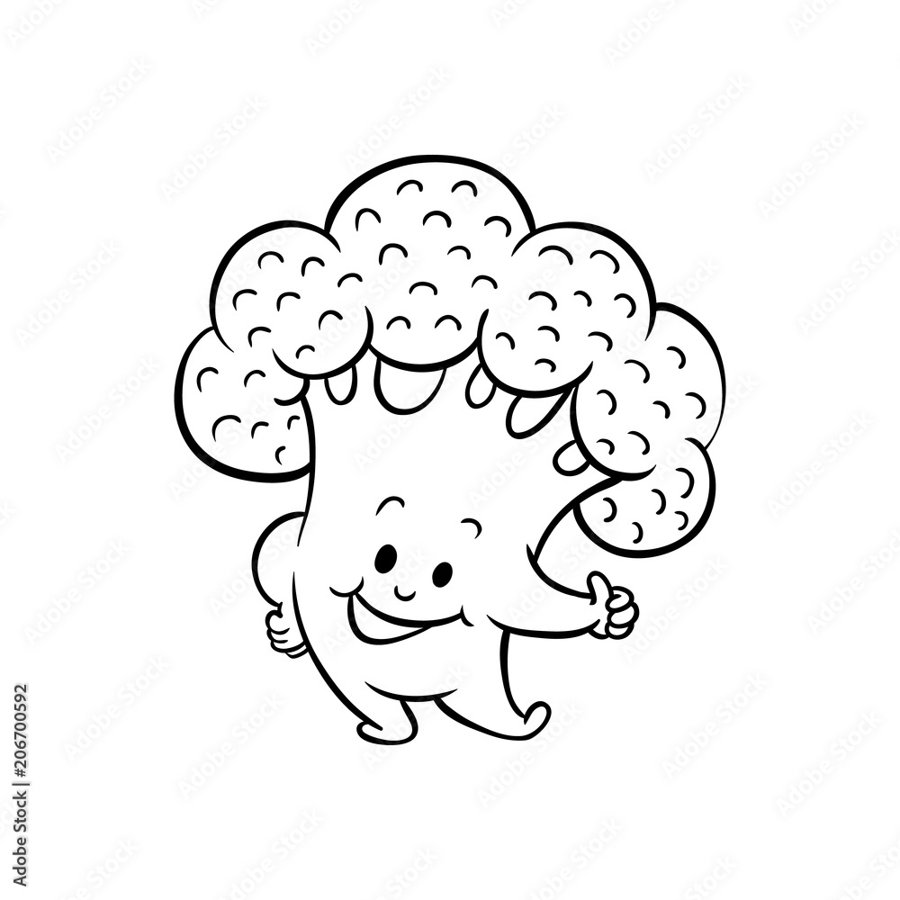 Cheerful broccoli character showing thumbs up gesture by fingers. Funny vegetable cute healthy organic food full of vitamin. Cartoon smiling plant with arms, legs. Vector monochrome illustration