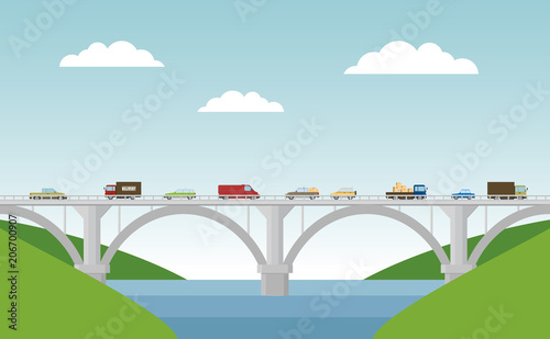 Vector landscape with bridge and cars.