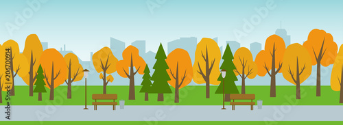 Vector seamless illustration. Park with benches on the city background.