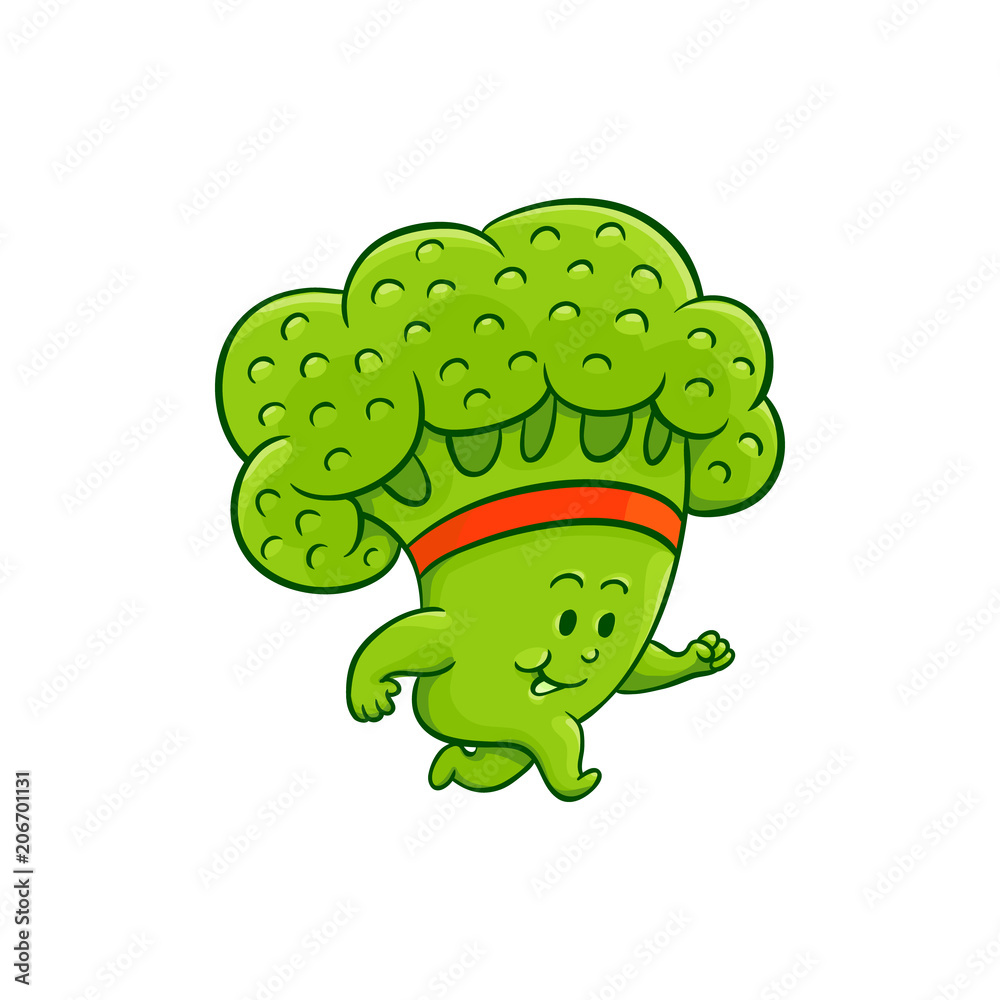 Cheerful broccoli character running, jogging workout. Funny green vegetable  cute healthy organic food full of vitamins. Cartoon smiling hand drawn  plant with arms, legs. Vector illustration Stock Vector | Adobe Stock
