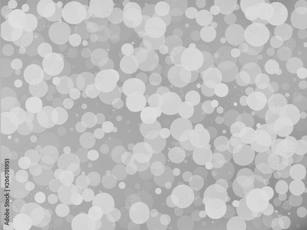 Gray-white gradient background with bokeh effect. Abstract blurred pattern. Overlapping transparent bubbles Vector illustration