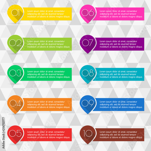 Pointers or map markers with numbers and space for text. Colorful number bullet points set. Vector illustration.