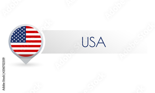 USA flag. Circle flag button in the map marker shape. United States country icon, badge or banner. American national symbol. Vector illustration.