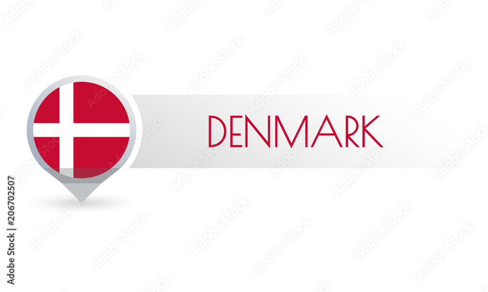 Denmark flag. Circle flag button in the map marker shape. Danish country icon, badge or banner. Vector illustration.