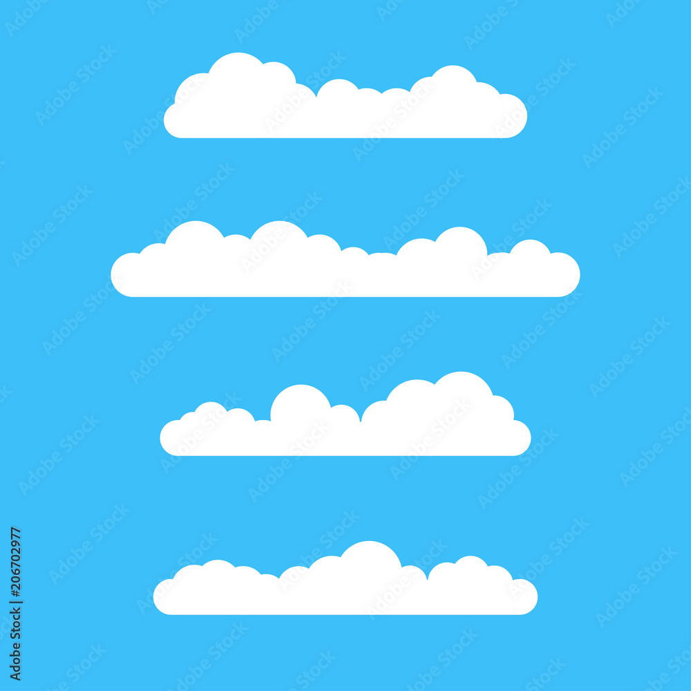 Clouds icon set. Different cloud shapes isolated on the blue sky background. Vector illustration.