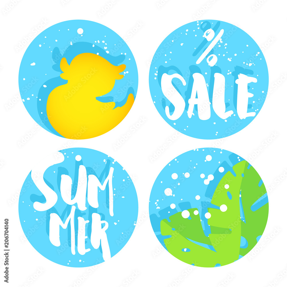 Set of summer labels for sale with duck, palm leaves and text on blue circles. Flat design. Vector background.