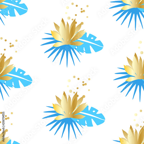 Floral seamless pattern with tropical leaves and golden lotuses on a white background. Ornament for textile and wrapping. Vector.