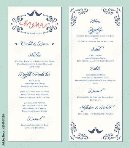 Ornate wedding menu card. Swirl floral template. Classic vintage design. Vector illustration.