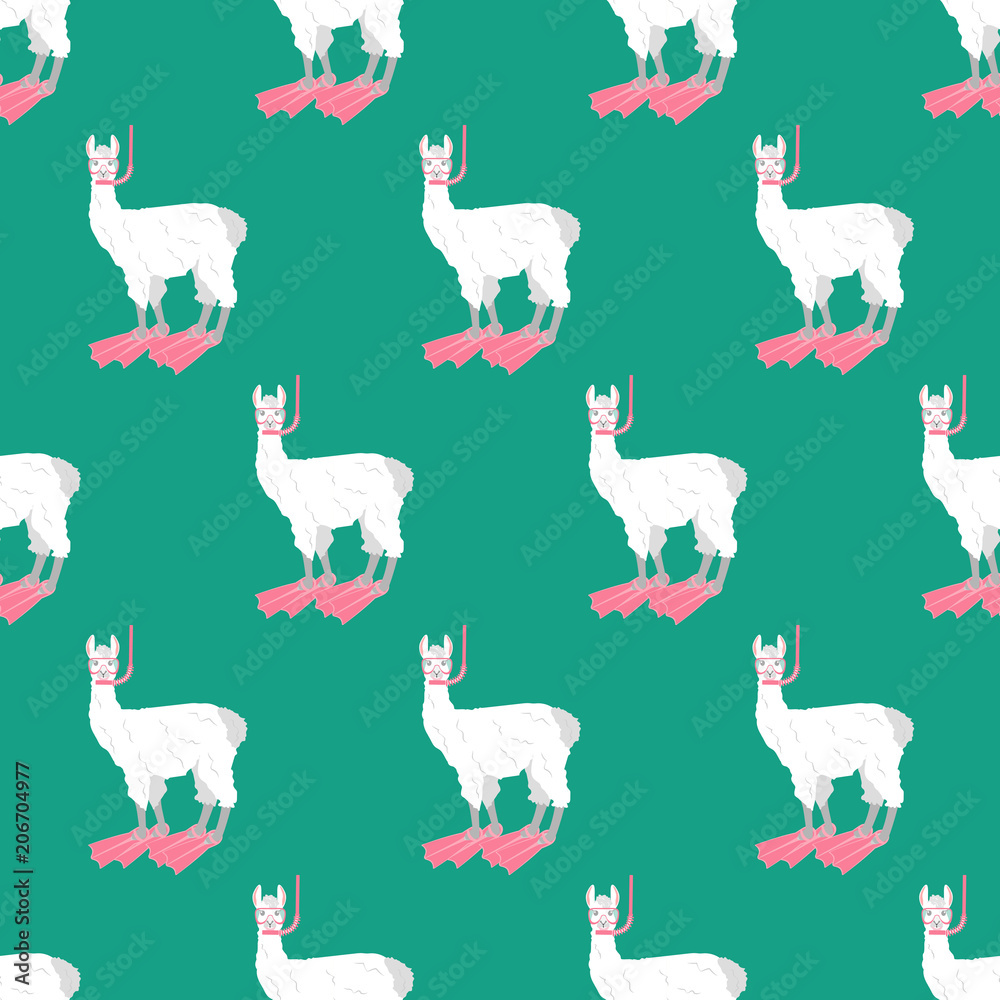 Llama in diving mask seamless pattern