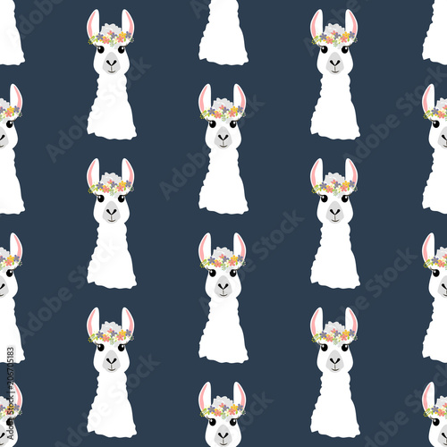Llama in wreath seamless pattern