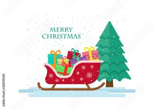 Red Christmas sled with gifts and pine on white background.