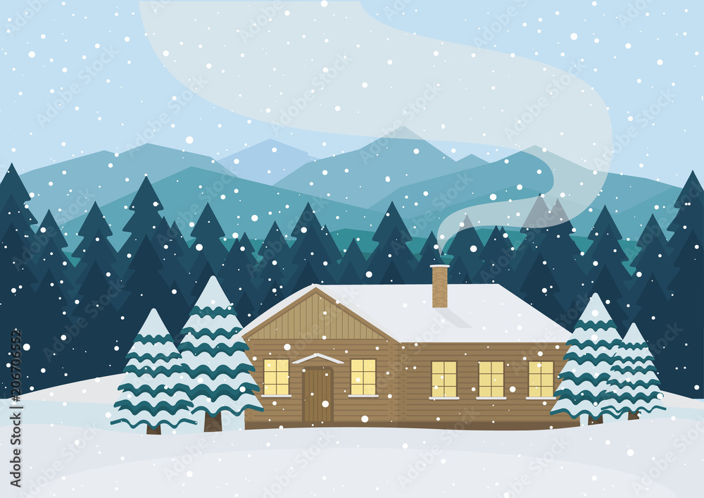 Vector house in the snowy forest.