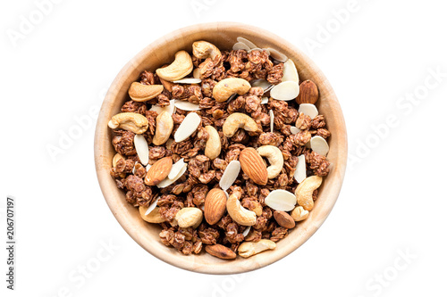 Close up top view granola in the bowl on isolated with clipping path.