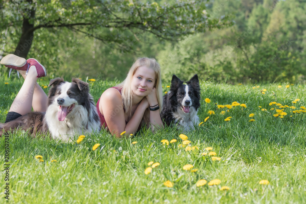 Smiling attractive young blond woman is lying between two Border Collies dogs outdoors. The woman and the dogs are looking at the camera. Smiling attractive young blond woman is lying between two Border Collies dogs outdoors. The woman and the dogs are looking at the camera.