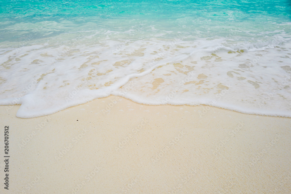Summer concept , Beach white sand and turquoise sea color at maldives on the weekend holidays