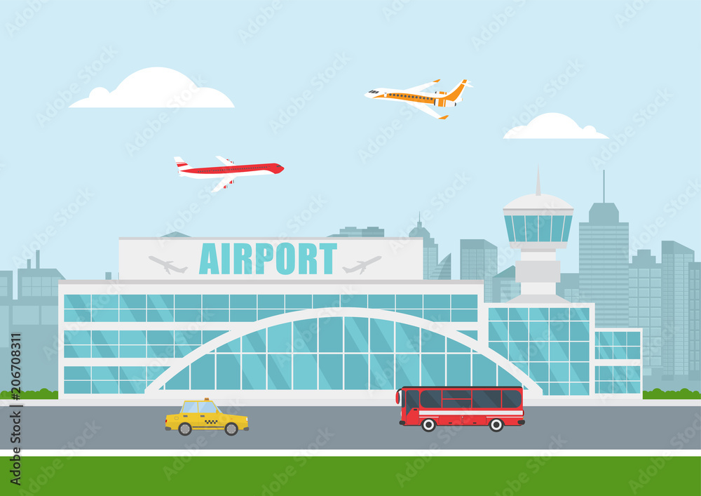 Airport with airplanes on city background.