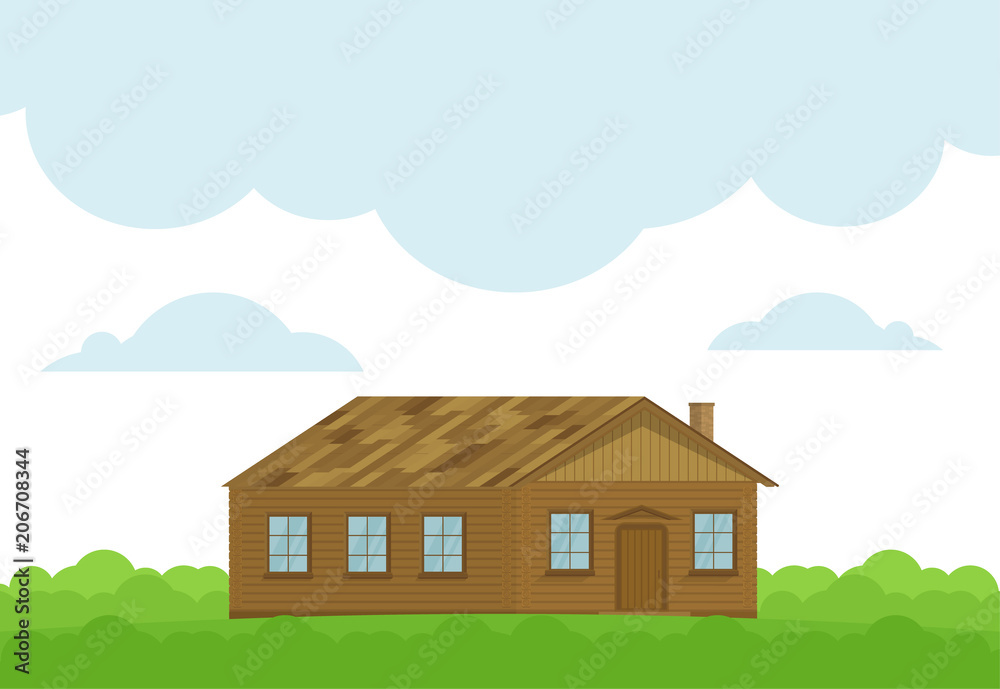 Vector Illustration with a wooden house and green bushes. Vector Illustration with a wooden house and green bushes.