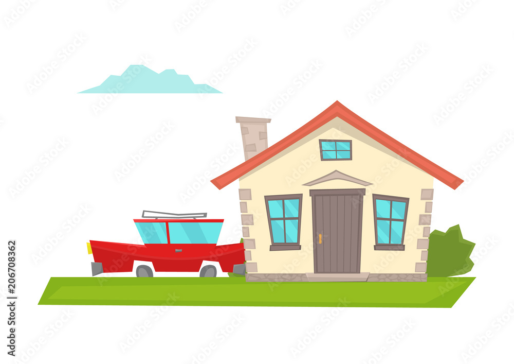 Vector cartoon house with a red car. Vector cartoon house with a red car.