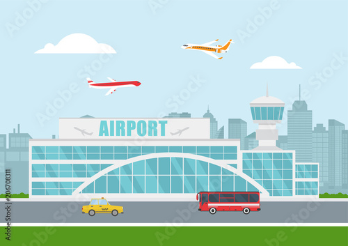 Airport with airplanes on city background.
