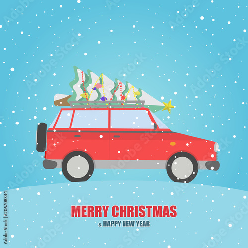 Red car with a Christmas tree on the roof.