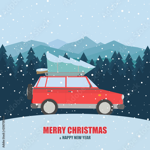 Vector red car with a Christmas tree on the mountains background with forest.