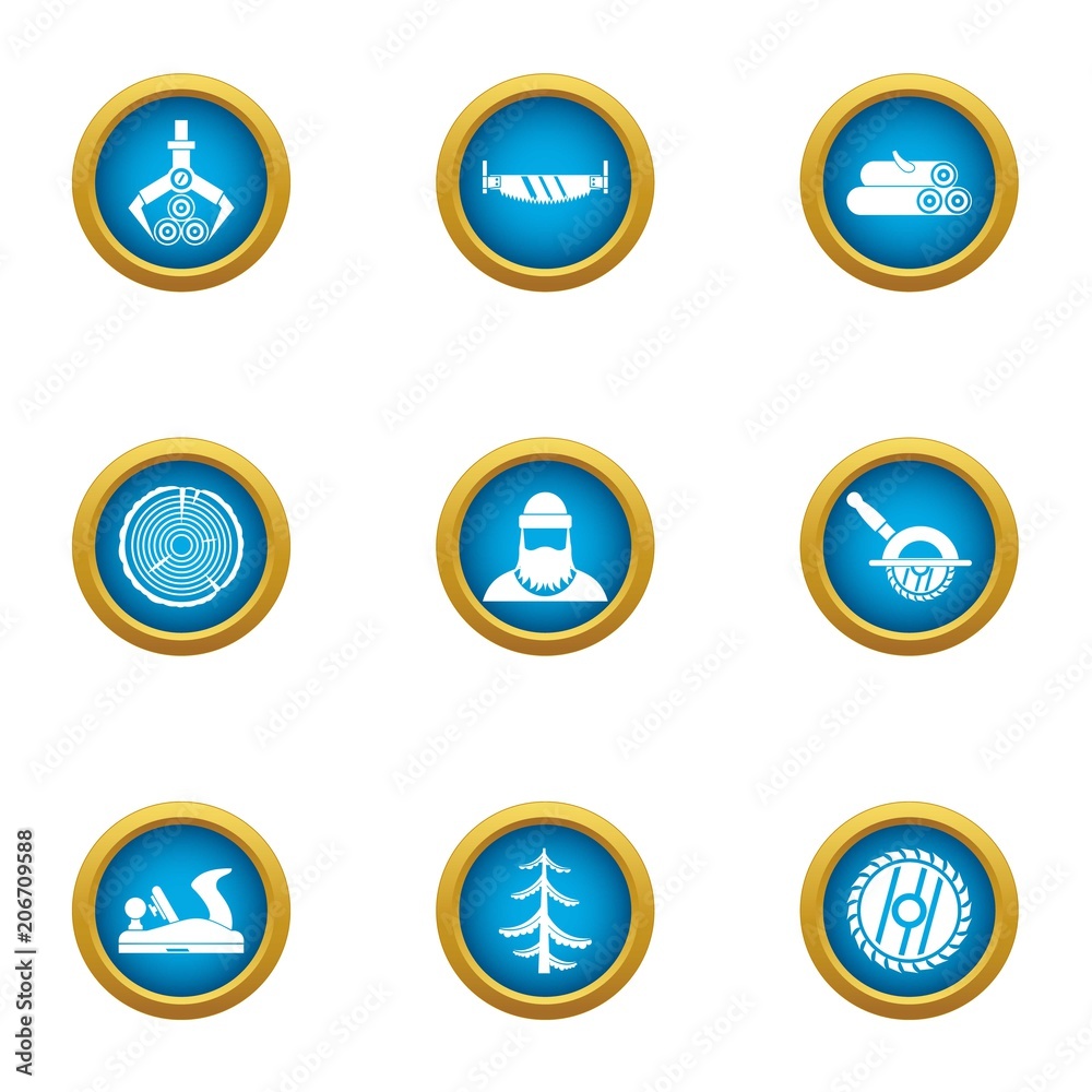 Harvesting timber icons set. Flat set of 9 harvesting timber vector icons for web isolated on white background Harvesting timber icons set. Flat set of 9 harvesting timber vector icons for web isolated on white background