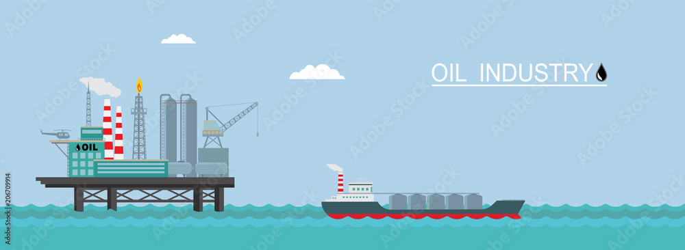 Obraz premium Vector oil platform with a tanker.