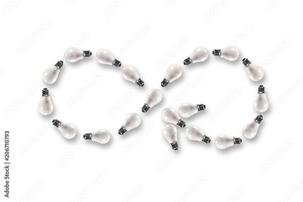 Obraz premium LED bulbs, arrow infinity symbol, ECO circular economy, 3D illustration