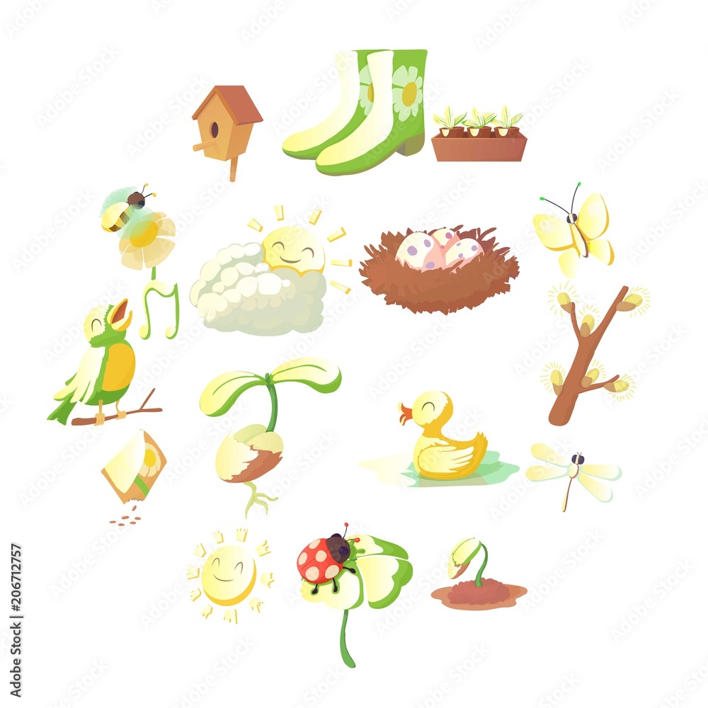 Naklejka premium Spring things icons set. Cartoon illustration of 16 spring things vector icons for web