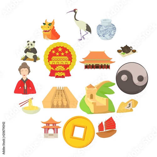 China travel icons set. Cartoon illustration of 16 china travel vector icons for web