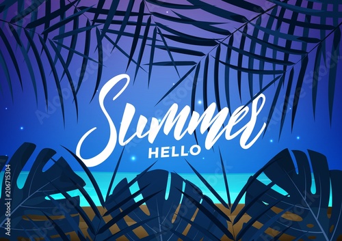 Summer. Tropic background with tropical palm leaves and exotic beach. Summer exotic background.