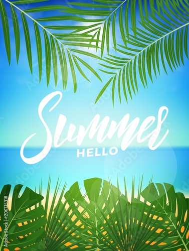Summer. Tropic background with tropical palm leaves and exotic beach. Summer exotic background