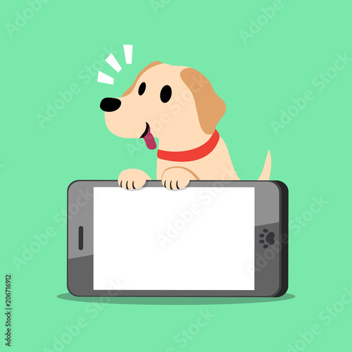 Vector cartoon character labrador dog and big smartphone