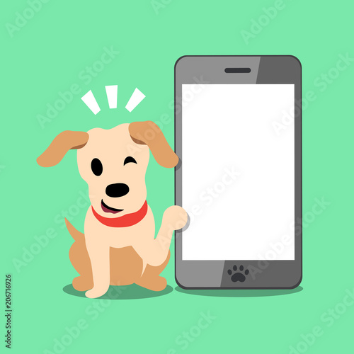 Vector cartoon character labrador dog and smartphone