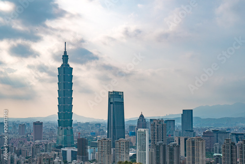 Taipei, Taiwan - May 20, 2018: Aerial panorama over Downtown Taipei with Taipei 101 Skyscraper, Landmark buildings of Taipei