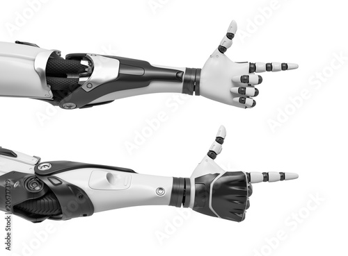 3d rendering of two android arms with fingers making a pointing gun gesture.