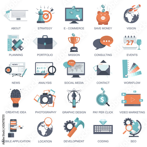 Set of flat design icons for business, pay per click, creative process, searching, web analysis, time is money, on line shopping. Icons for website development and mobile phone services and apps.