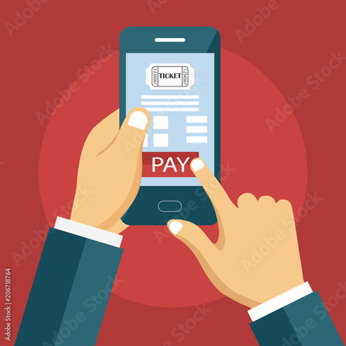 On line order cinema movie tickets concept. Smart phone application for web reservation, book movie tickets. Flat vector illustration.