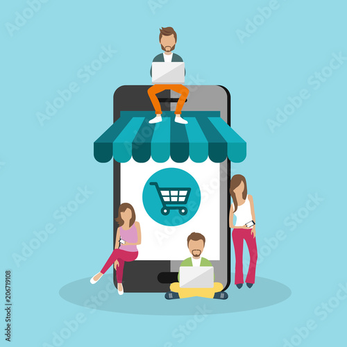 People sitting on big smart phone. Surfing concept illustration of young people using lap top to shop on line. Flat vector illustration