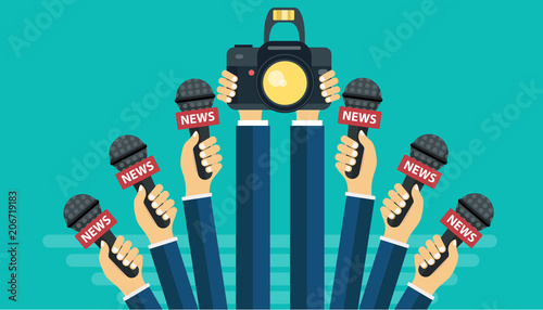 Microphones in reporter hands. Set of microphones and camera isolated on green background. Mass media, television, interview, breaking news, press conference concept. Flat vector illustration.