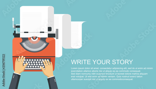 Write your story business banner for journalism. Flat vector illustration