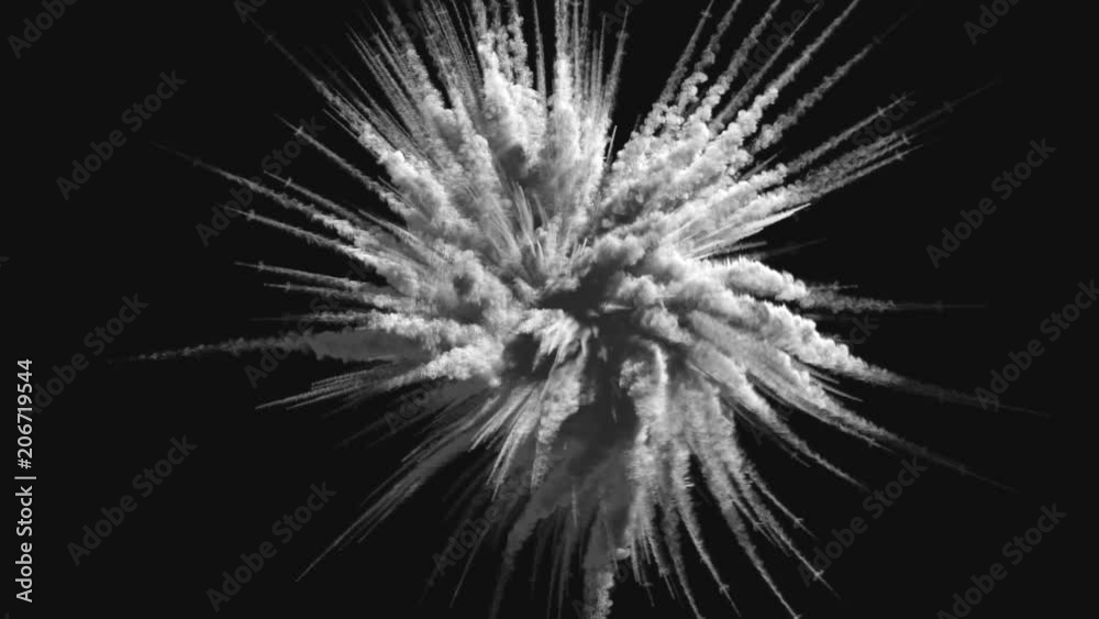 Cg animation of white powder explosion on black background. Slow motion movement with acceleration in the beginning. Has alpha matte. Cg animation of white powder explosion on black background. Slow motion movement with acceleration in the beginning. Has alpha matte.