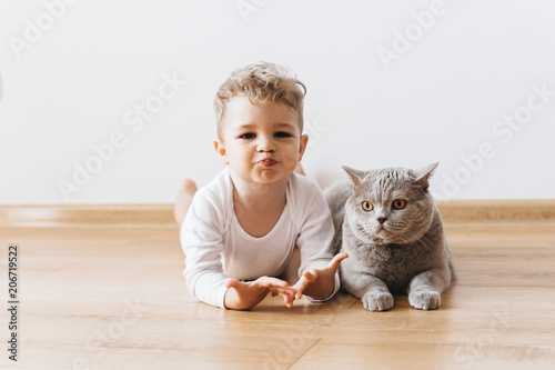 adorable toddler boy and grey british shorthair cat lying on floor together at home